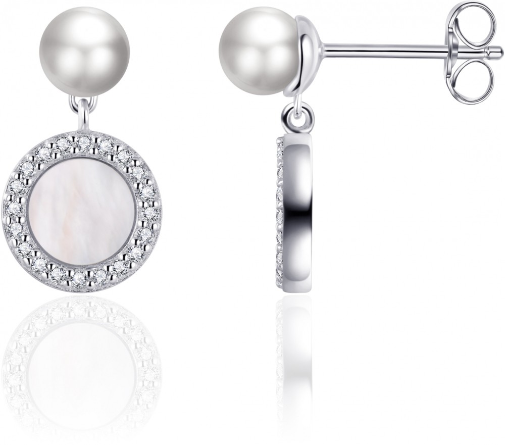 Gisser Jewels - Oorbellen - Parel Oorstekers met hanger - Gezet met Zirkonia en Parelmoer ingelegd - 15mm x 8mm - Gerhondineerd Zilver 925