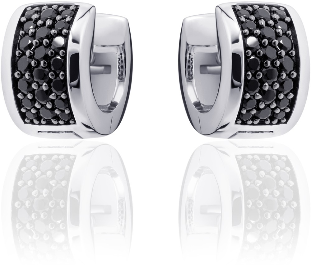 Gisser Jewels - Oorbellen - Oorringen met Scharnier - Vlak gezet met Zwart Zirkonia - 7mm Breed - 12mmØ - Gerhodineerd Zilver 925