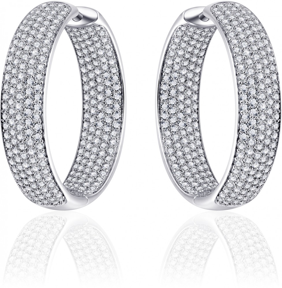 Gisser Jewels - Oorbellen - Oorringen met Scharnier - Licht Gebold gezet met Zirkonia - 7mm Breed - 30mmØ - Gerhodineerd Zilver 925