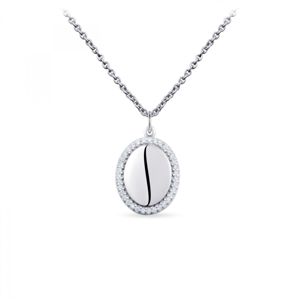 Gisser Jewels - Hanger incl. Collier - Ovaal Graveerbaar gezet met Zirkonia Stenen - 12mm x 10mm - Lengte 42+5cm - Gerhodineerd Zilver 925