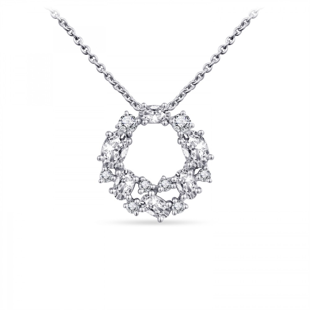 Gisser Jewels - Hanger incl. Collier - Cirkel Gezet met Ovale en Ronde Zirkonia Stenen - 18mmØ - Lengte 42+5cm - Gerhodineerd Zilver 925